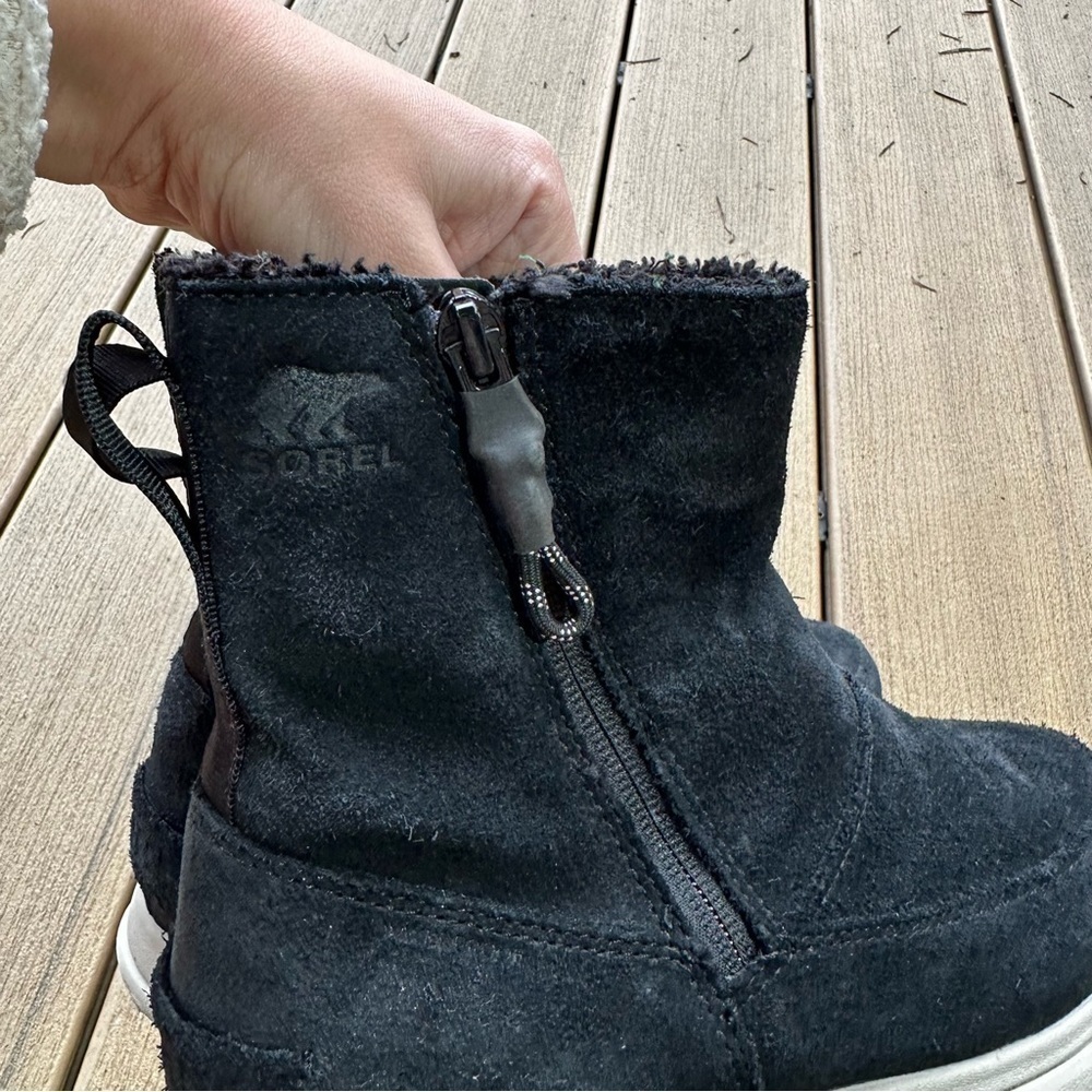 Sorel Explorer Side Zip Suede Black Boots Waterproof Faux Fur Lined Size 7 Women - Picture 9 of 12